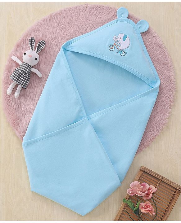 Babyhug Interlock Wrapper With Hood Elephant on a Cycle Print L 76.2 x B 76.2 cm - Blue