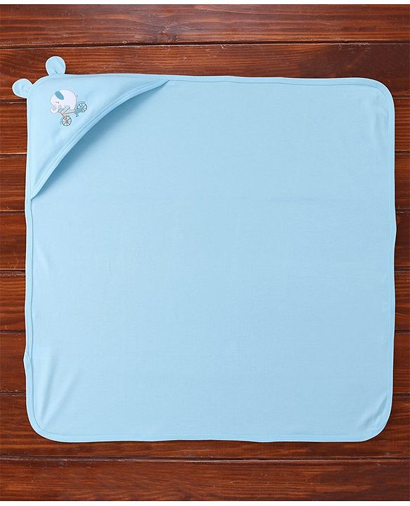 Babyhug Interlock Wrapper With Hood Elephant on a Cycle Print L 76.2 x B 76.2 cm - Blue