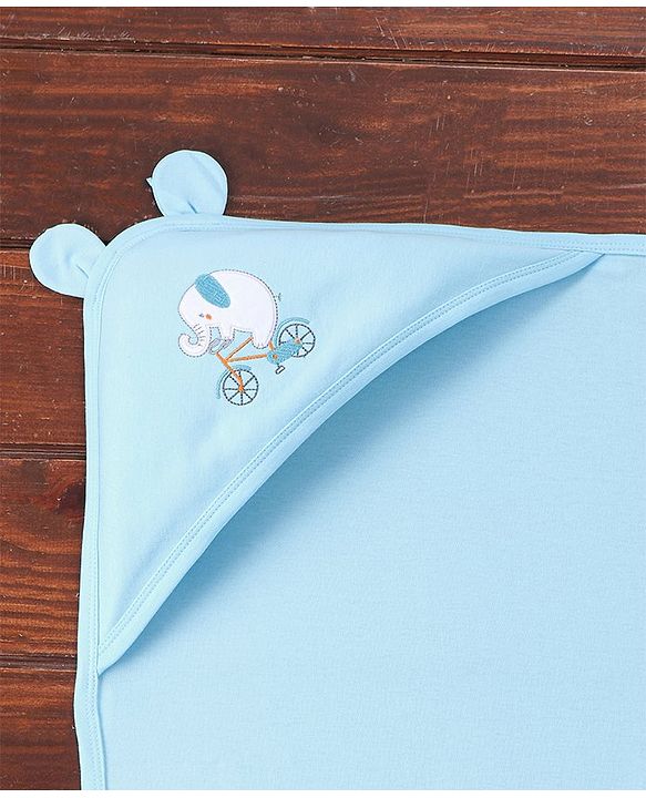Babyhug Interlock Wrapper With Hood Elephant on a Cycle Print L 76.2 x B 76.2 cm - Blue