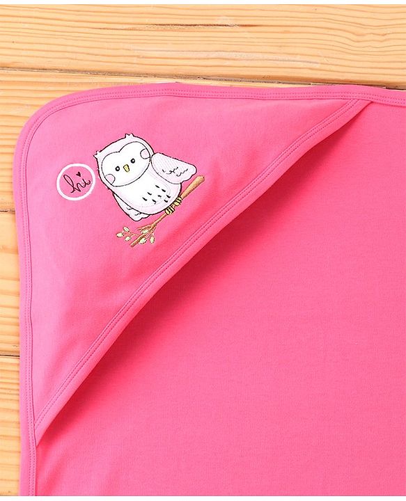 Babyhug Terry Interlock Wrapper With Hood Owl Print L 76.2 x B 76.2 cm - Pink