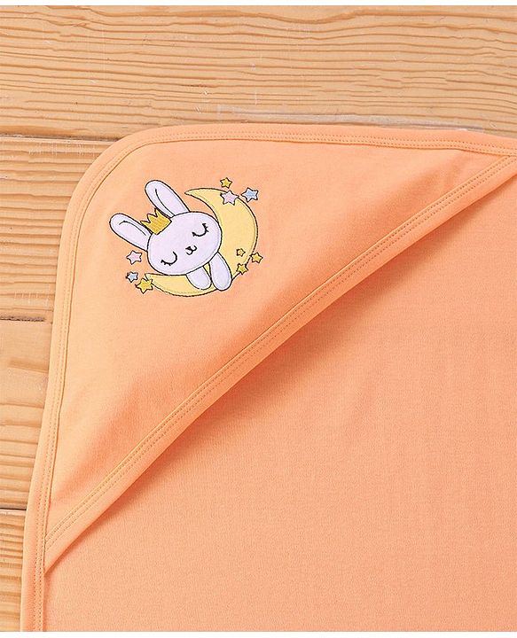 Babyhug Interlock Hooded Wrapper With Bunny Print L 76.2 x B 76.2 cm - Orange