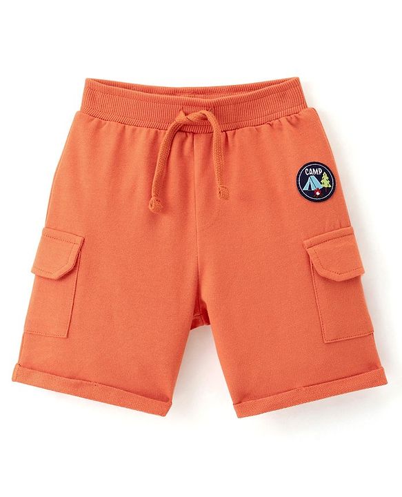 Babyhug Cotton Looper Knit Shorts With Camp Patch - Orange