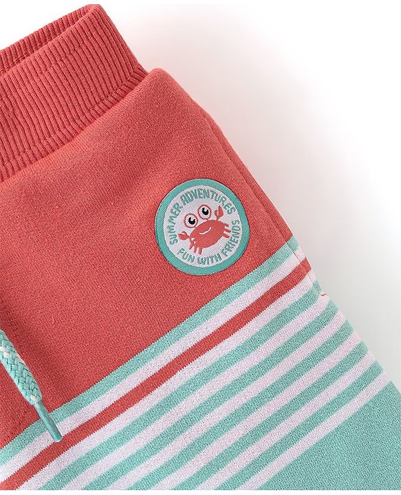 Babyhug Cotton Looper Knit Striped Shorts - Blue & Red