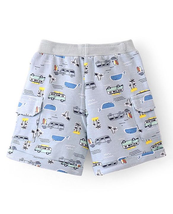 Babyhug Cotton Looper Knit Shorts Beach Theme Print - Blue