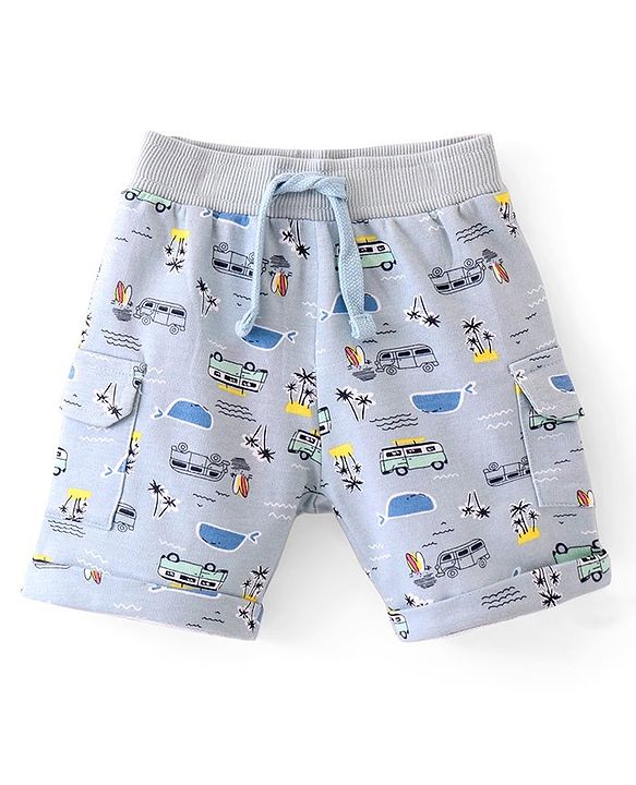 Babyhug Cotton Looper Knit Shorts Beach Theme Print - Blue
