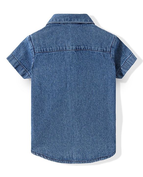 Babyhug Disney Denim Woven Half Sleeves Shirt with Mickey Mouse Graphics - Blue