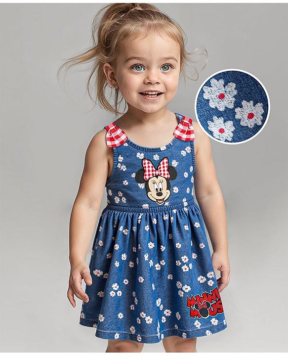 Babyhug Disney Cotton Knit Sleeveless Floral Print Frock with Bloomer & Minnie Mouse Applique - Blue