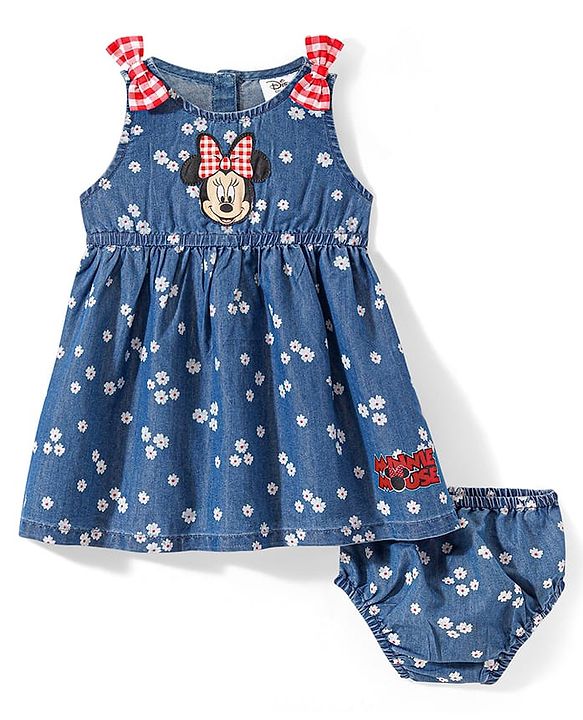 Babyhug Disney Cotton Knit Sleeveless Floral Print Frock with Bloomer & Minnie Mouse Applique - Blue