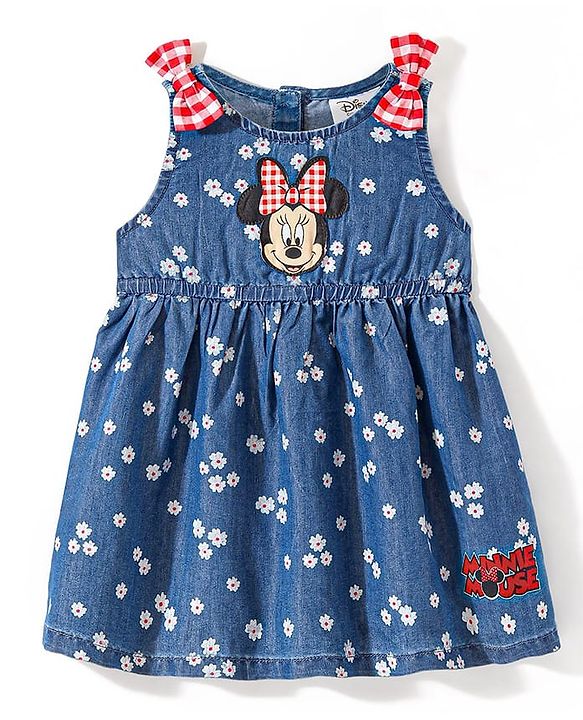 Babyhug Disney Cotton Knit Sleeveless Floral Print Frock with Bloomer & Minnie Mouse Applique - Blue