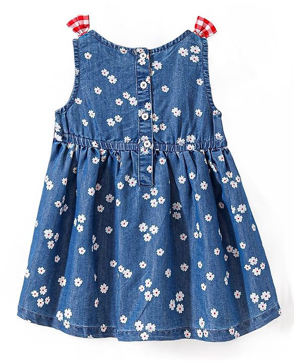 Babyhug Disney Cotton Knit Sleeveless Floral Print Frock with Bloomer & Minnie Mouse Applique - Blue