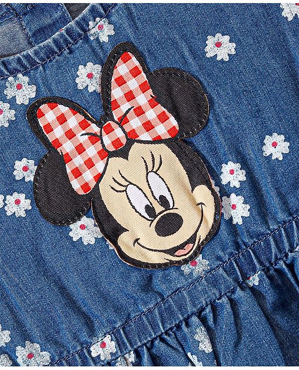 Babyhug Disney Cotton Knit Sleeveless Floral Print Frock with Bloomer & Minnie Mouse Applique - Blue