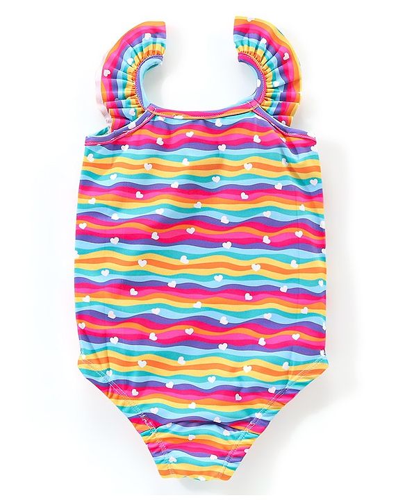 Babyhug Flutter Sleeves V Cut Swimsuit with Heart & Wave Print -  Multicolour