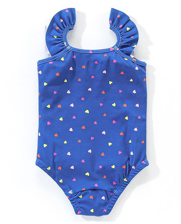 Babyhug Flutter Sleeves V Cut Swimsuit Heart Print- Blue