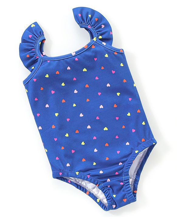 Babyhug Flutter Sleeves V Cut Swimsuit Heart Print- Blue