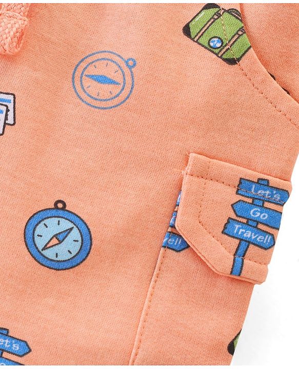 Babyhug Cotton Looper Knit Knee Length Shorts Compus Print - Orange
