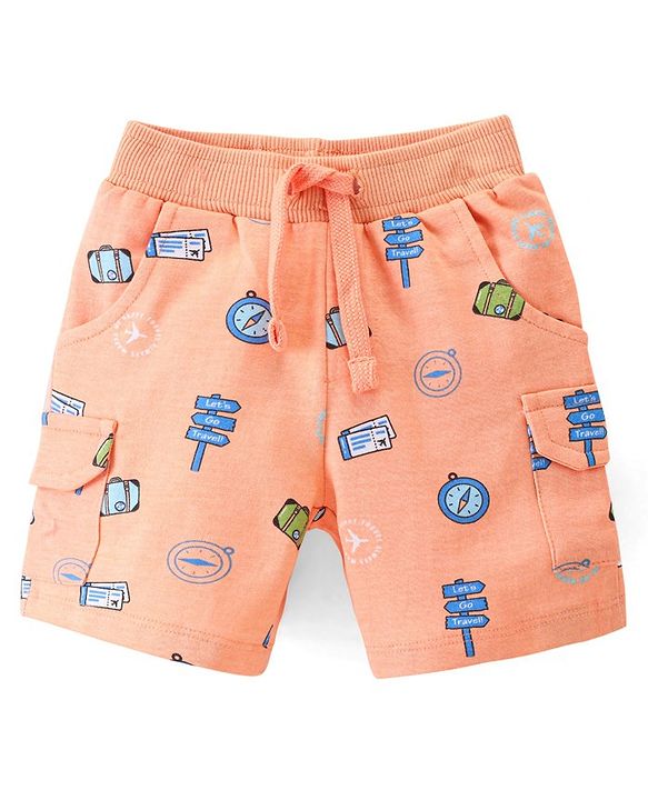 Babyhug Cotton Looper Knit Knee Length Shorts Compus Print - Orange