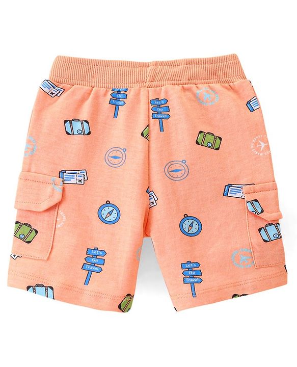 Babyhug Cotton Looper Knit Knee Length Shorts Compus Print - Orange