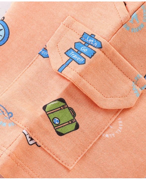 Babyhug Cotton Looper Knit Knee Length Shorts Compus Print - Orange
