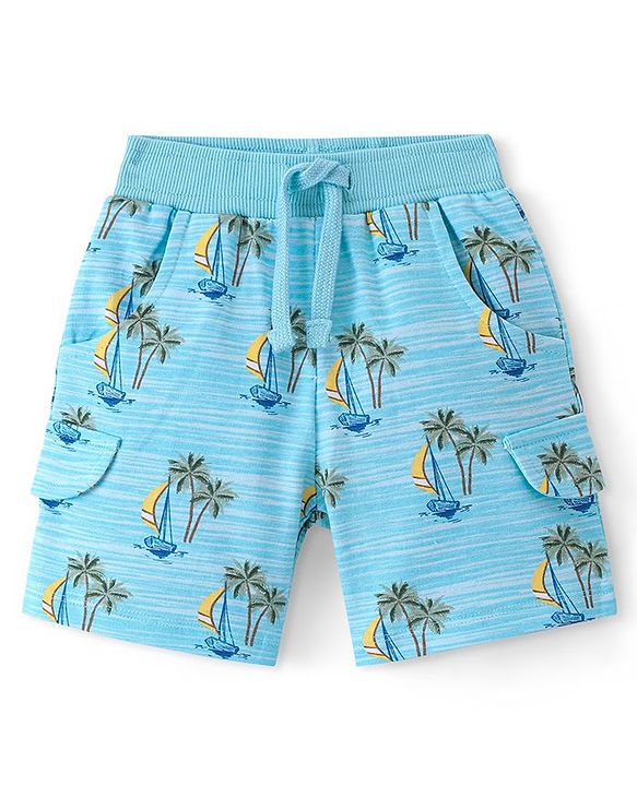 Babyhug Cotton Looper Knit Knee Length Shorts Boat Print - Blue