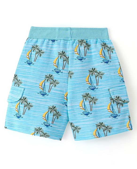 Babyhug Cotton Looper Knit Knee Length Shorts Boat Print - Blue