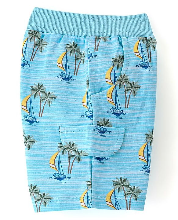 Babyhug Cotton Looper Knit Knee Length Shorts Boat Print - Blue