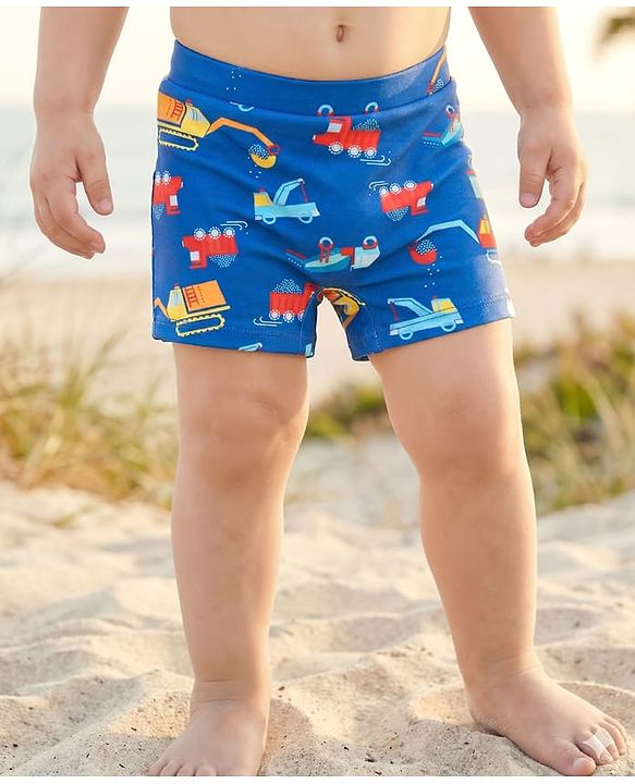 Babyhug Construction Truck Print Swimming Trunk - Navy Blue