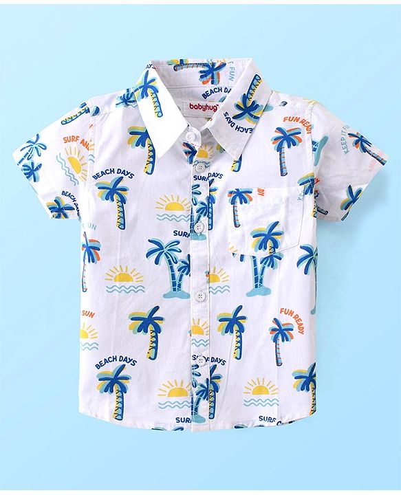 Babyhug Cotton Woven Half Sleeves Shirt & Denim Shorts Set With  Palm Tree Print - White & Blue