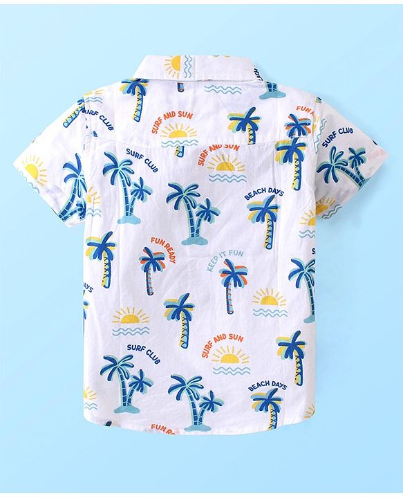 Babyhug Cotton Woven Half Sleeves Shirt & Denim Shorts Set With  Palm Tree Print - White & Blue