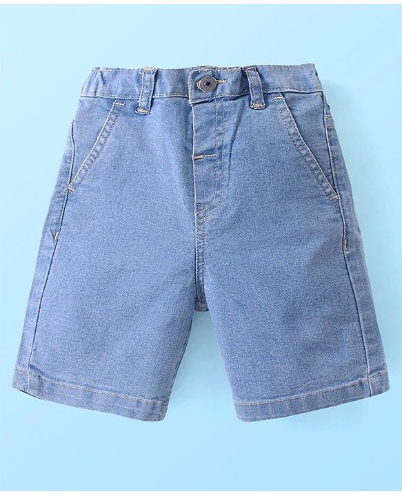 Babyhug Cotton Woven Half Sleeves Shirt & Denim Shorts Set With  Palm Tree Print - White & Blue