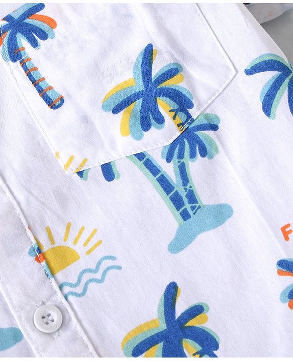 Babyhug Cotton Woven Half Sleeves Shirt & Denim Shorts Set With  Palm Tree Print - White & Blue