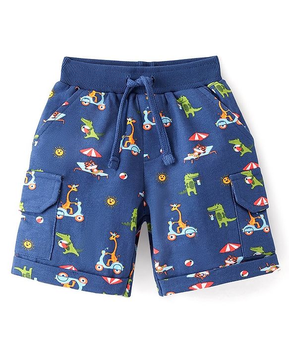 Babyhug Cotton Looper Knit Knee Length Croc Printed Shorts with Pockets - Navy Blue