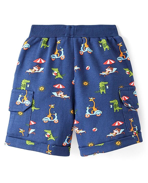 Babyhug Cotton Looper Knit Knee Length Croc Printed Shorts with Pockets - Navy Blue