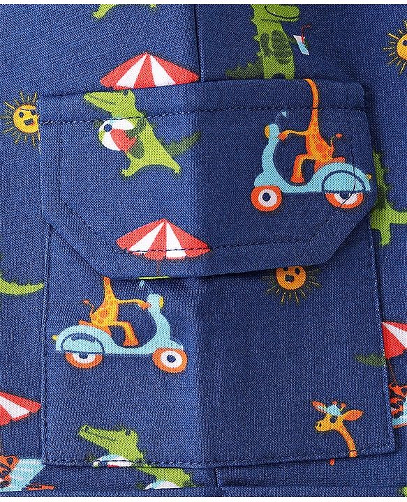 Babyhug Cotton Looper Knit Knee Length Croc Printed Shorts with Pockets - Navy Blue