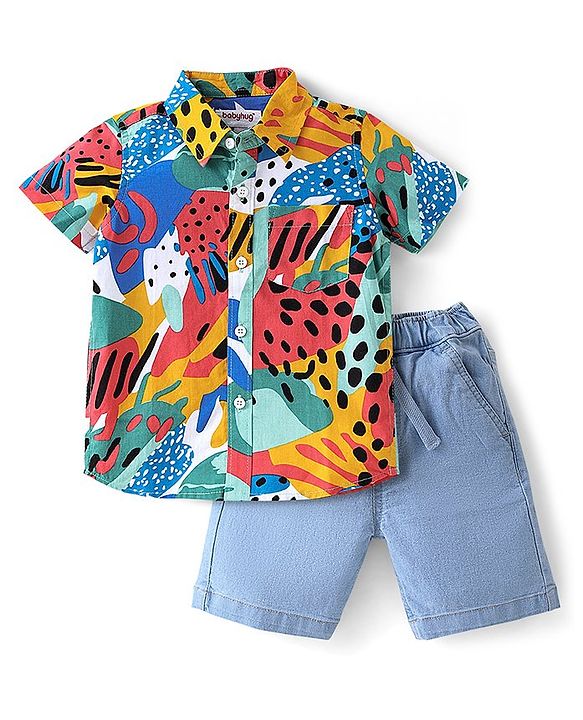 Babyhug 100% Cotton Woven Half Sleeves Abstract Print Shirt & Denim Shorts With Stretch- Multicolour