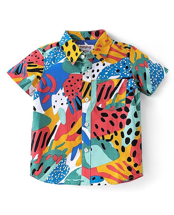 Babyhug 100% Cotton Woven Half Sleeves Abstract Print Shirt & Denim Shorts With Stretch- Multicolour