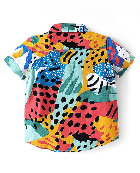 Babyhug 100% Cotton Woven Half Sleeves Abstract Print Shirt & Denim Shorts With Stretch- Multicolour