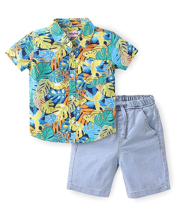 Babyhug Cotton Woven Half Sleeves Shirt & Denim Shorts Set With  Tropical Theme - Multicolor