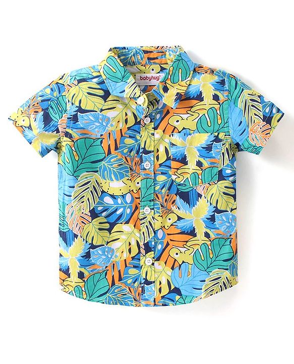 Babyhug Cotton Woven Half Sleeves Shirt & Denim Shorts Set With  Tropical Theme - Multicolor