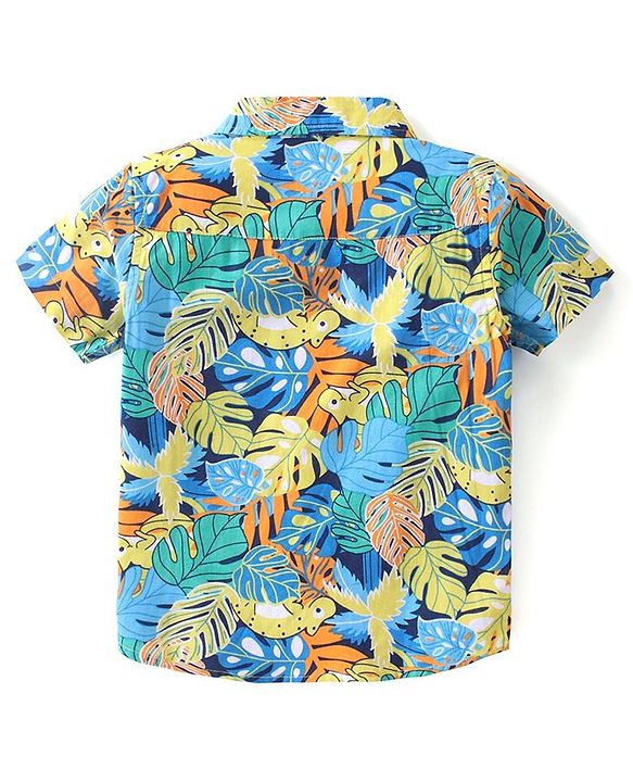 Babyhug Cotton Woven Half Sleeves Shirt & Denim Shorts Set With  Tropical Theme - Multicolor