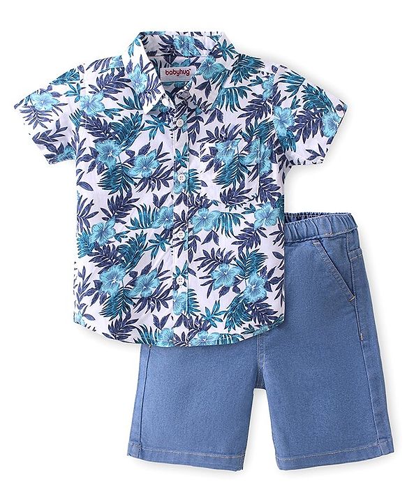 Babyhug Cotton Woven Half Sleeves Shirt & Denim Shorts Set with Floral Print - Blue