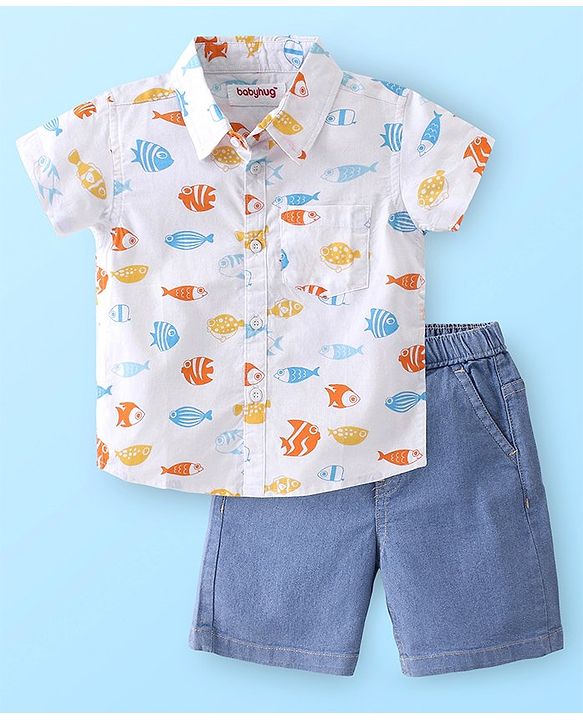 Babyhug Cotton Woven Half Sleeves Shirt & Denim Shorts Set With  Aquatic Animal Print -White &  Blue