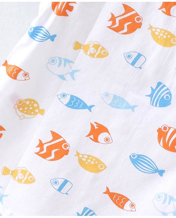 Babyhug Cotton Woven Half Sleeves Shirt & Denim Shorts Set With  Aquatic Animal Print -White &  Blue