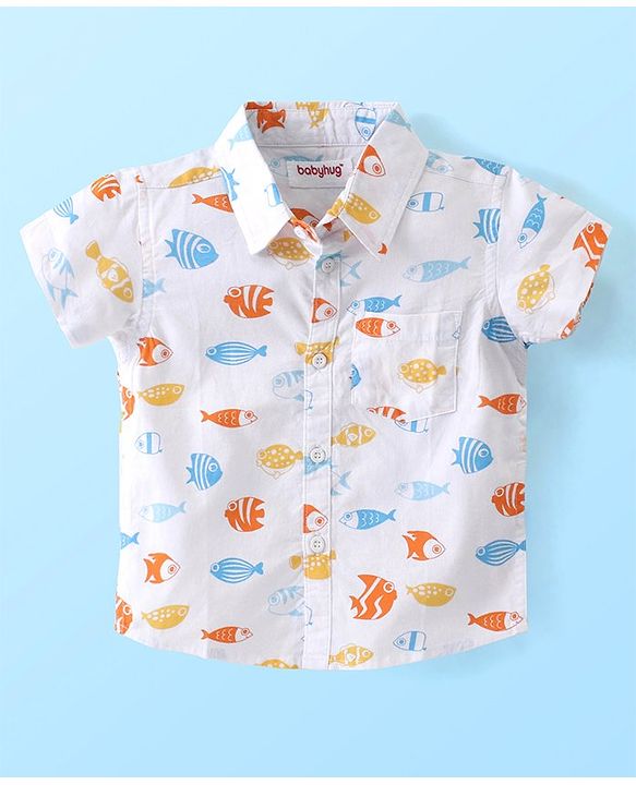 Babyhug Cotton Woven Half Sleeves Shirt & Denim Shorts Set With  Aquatic Animal Print -White &  Blue