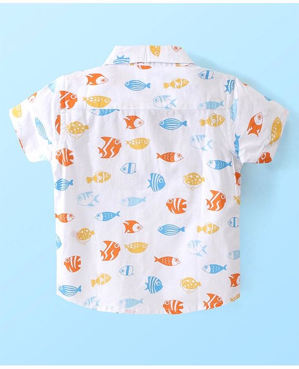 Babyhug Cotton Woven Half Sleeves Shirt & Denim Shorts Set With  Aquatic Animal Print -White &  Blue