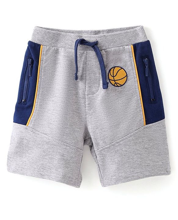 Babyhug Cotton Looper Knit Shorts  With Basketball Patch - Grey