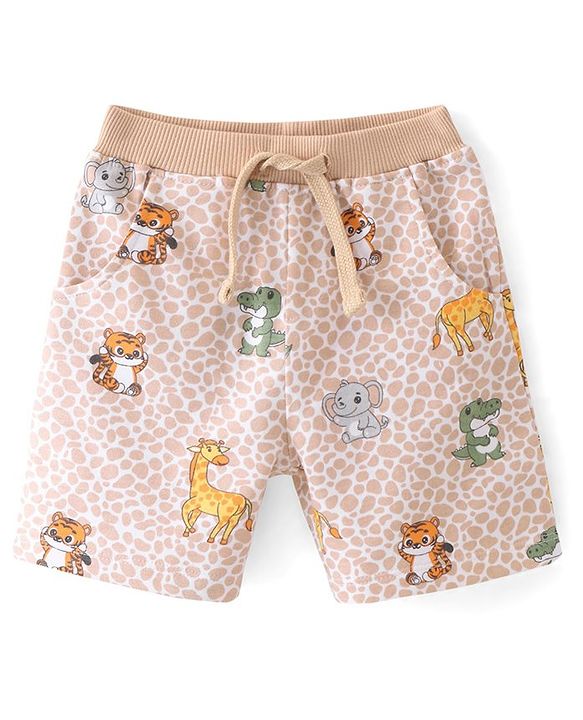 Babyhug Cotton Looper Knit Shorts   Animal Print - Cream