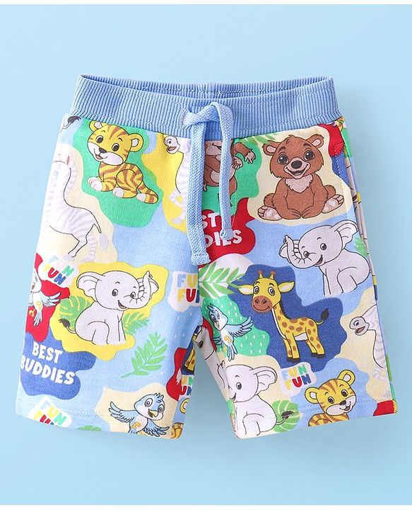 Babyhug Cotton Looper Knit Shorts with Animal Print -  Multicolour