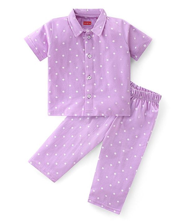 Babyhug Single Jersey Knit Half Sleeves Polka Dot Print Night Suit - Purple