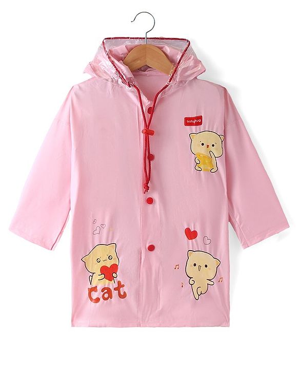 Babyhug Full Sleeves Below Knee Length Hooded Raincoat Cat Print - Pink