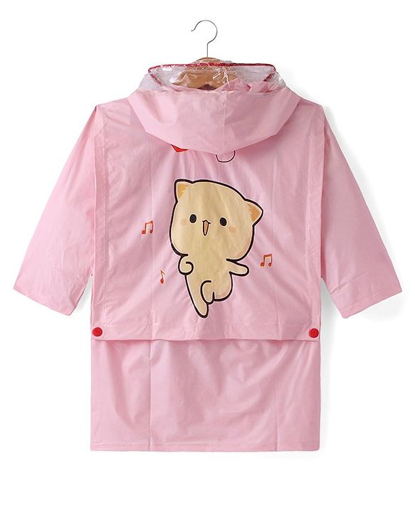 Babyhug Full Sleeves Below Knee Length Hooded Raincoat Cat Print - Pink